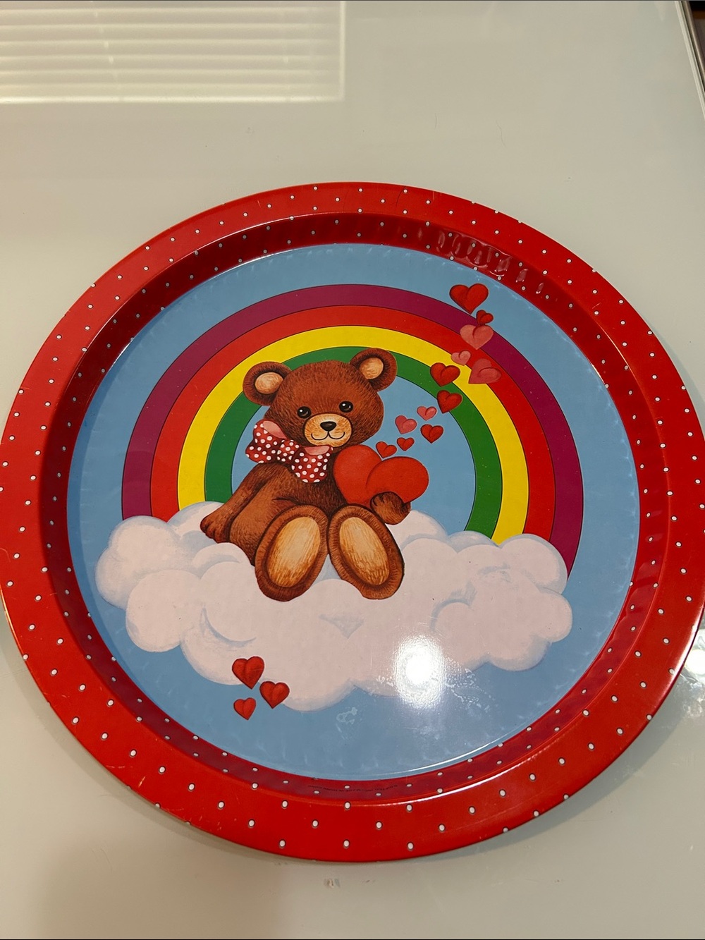 Vintage post modern Hong Kong large metal tray hearts rainbow clouds teddy bear